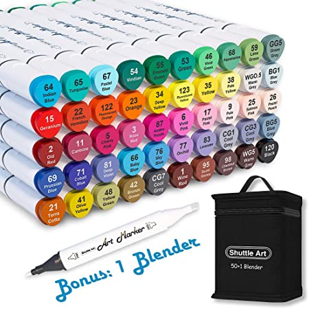 Ohuhu マーカーペン 120色 筆タイプ 筆先 ふでタイプ ブレンダーペン付き イラストマーカー 筆・太字 鮮やか 手帳 イラスト 色塗り 塗る絵 カード DIY 子供 大人