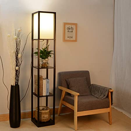 ラック付きフロアライト 木製 LED電球 E26 2段調色 引き線スイッチ 組立式 間接照明 リビング 寝室 書斎適用 (黒)