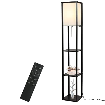 ラック付きフロアライト 木製 LED電球 E26 2段調色 引き線スイッチ 組立式 間接照明 リビング 寝室 書斎適用 (黒)