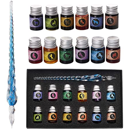 GC QUILL ガラスディップペンインクセットレインボークリスタルガラスペン、アート、ライティング、署名、書道、装飾用の12種類のインク