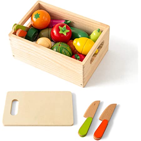RiZKiZ 木製 詰め合わせ フルーツ野菜セット 全16種類セット マグネット式 ままごと まな板 包丁 木箱付き 木製 ままごとセット 切れる ナイフ 知育玩具