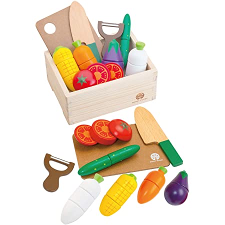 RiZKiZ 木製 詰め合わせ フルーツ野菜セット 全16種類セット マグネット式 ままごと まな板 包丁 木箱付き 木製 ままごとセット 切れる ナイフ 知育玩具