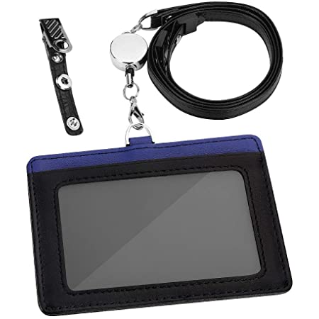 皮革 IDカードホルダー ネックストラップ ポケット2か所 強化フィルム 軽量モデル パスケース横型社員証 名札 (黒)