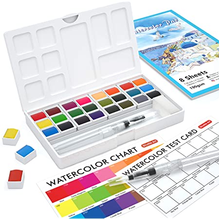 KUCIプレミアム水彩ペイントボックスセット、36/50色、ウォーターブラシ、標準ブラシ、ウォーターカラーペーパー（300gsm）子供、初心者、アーティスト向けの水彩画パレット(50 Colours)
