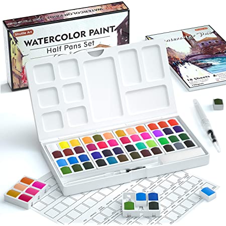 KUCIプレミアム水彩ペイントボックスセット、36/50色、ウォーターブラシ、標準ブラシ、ウォーターカラーペーパー（300gsm）子供、初心者、アーティスト向けの水彩画パレット(50 Colours)