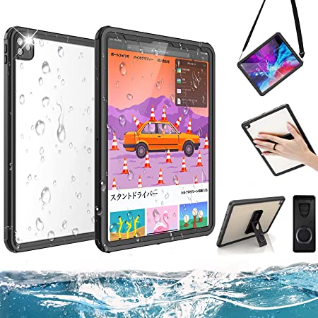 iPad Pro 11 防水ケース 2020 & 2021, IP68防水規格 完全防水 防雪 防塵 耐衝撃 指紋認識機能 クリア 薄型 軽量 全面保護 充電可能 スタンド機能 ストラップ付き 水場 お風呂 海辺 プール タブレット iPad Pro 11 インチ 2020 & 2021 防水ケース (ブラック)