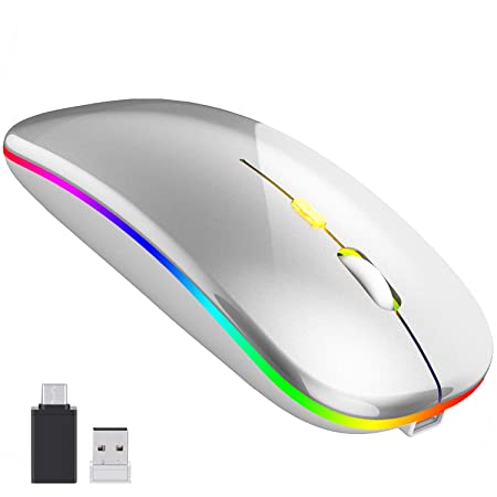 ワイヤレスマウス 7色LEDランプ 充電式 静音 無線マウス 薄型 3DPIモード 2.4GHz 光学式 高感度 type-C変換アダプタ付属 高精度 コンパクト 省エネルギー 持ち運び便利 TELEC認証取得済み