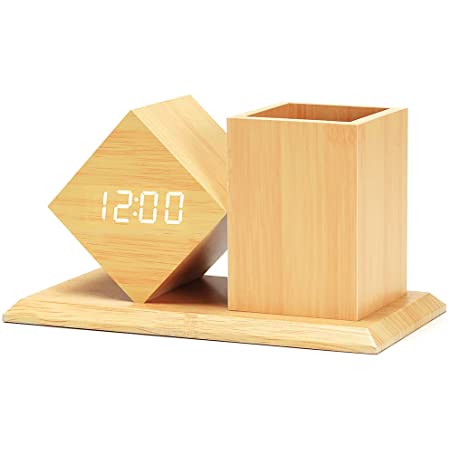 木製置き時計-大音量時間記憶と温度顕示があり筆立てが付く-日本語説明書付き