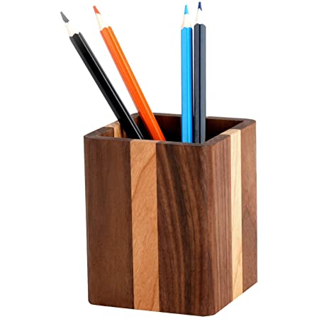 ペンスタンド 木製 ペン立て シンプル ぺん入れ 天然木 無垢 木目 高級感 デザイン 鉛筆立て 卓上収納（クルミの木） (多色)