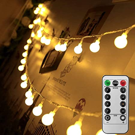 LEDストリングライト 50個LED電球 5メートル リモコン付き タイマー機能 LEDイルミネーションライト 飾りライト インテリア装飾 電池式 誕生日/祝日/クリスマス/パーティー/結婚式/花火会 おしゃれ DIY 暖かい白
