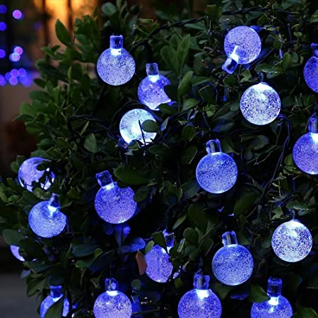 Tuokay ソーラーガーデンライト、屋外ボール付き電飾、防水6.5m 30 LED 8輝くモード、外用装飾照明ストリングライト、ベランダ、庭園、花壇、園芸、結婚式の飾り(ブルー)