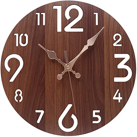 壁掛け時計 木製 サイレント 連続秒針 透かし彫り アナログ クロック 掛け時計 インテリア ブラウン ウオールクロック