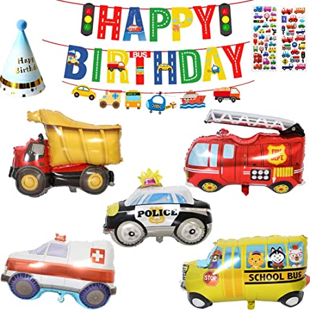 男の子のための誕生日パーティーの装飾 ハッピーバースデーバルーン ハッピーバースデーバナー 警察車両 消防車フォイルバルーン