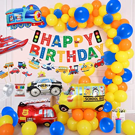 男の子のための誕生日パーティーの装飾 ハッピーバースデーバルーン ハッピーバースデーバナー 警察車両 消防車フォイルバルーン