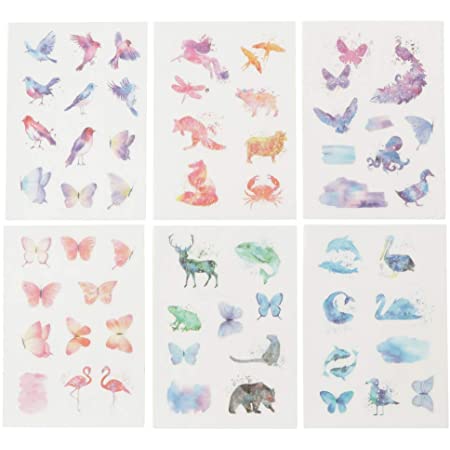 moin moin シール シート 和紙シリーズ | 水彩 美麗 アニマル 動物 蝶 ちょうちょ 鳥 フラミンゴ 海の生き物 | 6枚セット 2007sl37