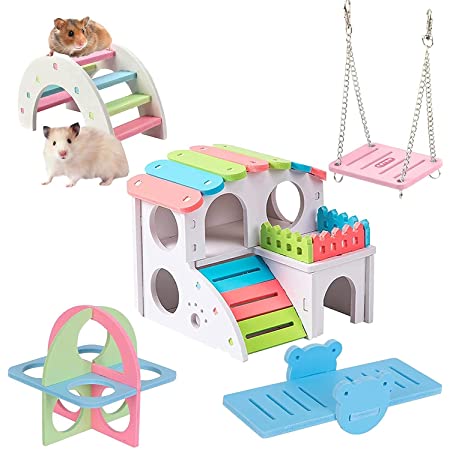 PIENSE ハムスター 小動物用 ベッド ブランコ 階段 3点セット おもちゃ かじり木 遊び場 木製 安全 遊具 ストレス解消 運動不足