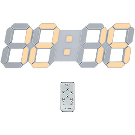 KOSUMOSU デジタル時計 3D LED時計 15インチ 壁掛け時計 掛け時計 音なし 目覚まし時計 リモコン付きナイトランプ年/月/日温度表示暖かい黄色のキッチン時計、置き時計（ACアダプター付属無し）ACD-215