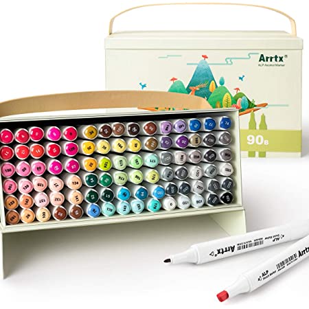 Arrtx ALPマーカーペン イラストマーカー アートマーカー 90色セット 2種類のペン先 太字 細字 防水速乾 コミック用 プレゼント用 デザイン、塗り絵、漫画、スケッチ、練習用 アート キャリングケース ペンスタンド付き (90色)