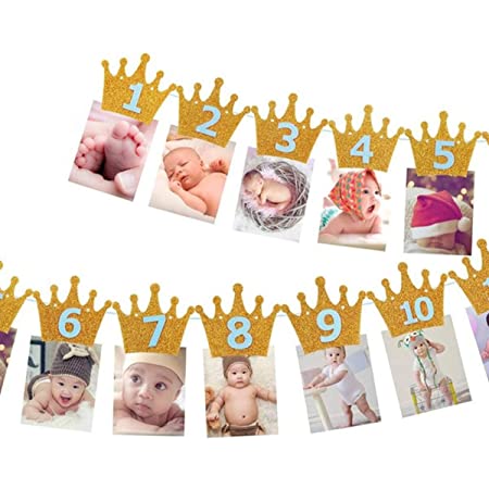 ガーランド ベビーバナー 誕生日バナー クラウン キラキラ 写真クリップ ゴールド 写真バナー 壁飾り 紙製 吊り下げ式 赤ちゃん パーティー デコレーション 記念