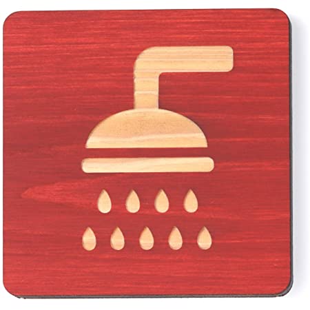 木製 シャワールーム サインプレート 国産ヒノキ材 おしゃれ ピクトサイン シャワー 風呂 マーク 案内板 表示板 浴室 シール式 日本製 (レッド)