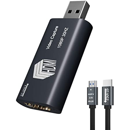 GUANLI HDMI 1080P HD オーディオ ビデオ キャプチャー ボード 日本語取扱説明書付き ポータブル ビデオ キャプチャーデバイス（変換アダプタ付き） ゲーム録画機器 画面共有 ビデオレコーダー ライブ 生放送 ライブ会議用 30HZ 30FPS usb2.0 OBS studio 変換 実況 アルミシェル 軽量で小型 電源不要 PC PS4 Xbox PS3 nintendo ニンテンドー ドライバ不要 簡単接続 ps4 ps3 audio video capture card (灰+1