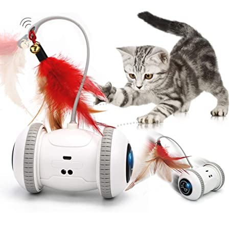 GILOBABY 猫 おもちゃ 自動 ストレス解消 運動不足解消 天然鳥の羽棒鈴付き 電動 自動回転ボール LEDライト付き USB充電式 猫のおもちゃ 猫 蹴り おもちゃ ネコ おもちゃ 安全素材