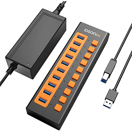 iDsonix USB3.0ハブ 10ポート12V/4A電源付き アルミ製USBハブ 5Gbps高速転送 5V2.4A急速充電対応 独立スイッチ付 セルフパワー 壁掛けUSBハブ