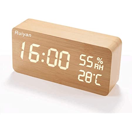 2021最新デザイン　目覚まし時計 置き時計 木目 LEDデジタル時計 アラームクロック 温度湿度計 カレンダー 音声感知 USB/乾電池給電