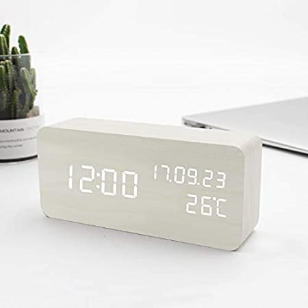 2021最新デザイン　目覚まし時計 置き時計 木目 LEDデジタル時計 アラームクロック 温度湿度計 カレンダー 音声感知 USB/乾電池給電