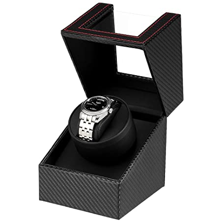 ワインディングマシーン（1本巻き） ウォッチワインダー 自動巻き時計ワインディングマシーン 日本製 マブチモーター 設計 新型の腕時計自動巻き上げ機、高級PU皮質、男女の腕時計は全部使えます 2021年アップグレード (炭素繊維 レザー)