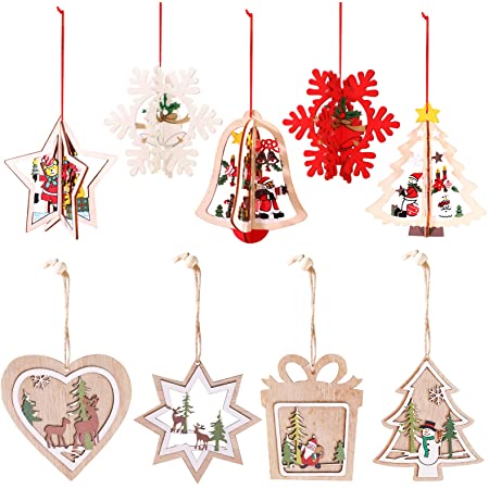 CODOHI クリスマスツリーオーナメント 木製 吊り ギフトタグ 立体 9個入り トナカイ サンタクロース クリスマスツリー飾り クリスマスデコレーション 吊り装飾用 9デザイン