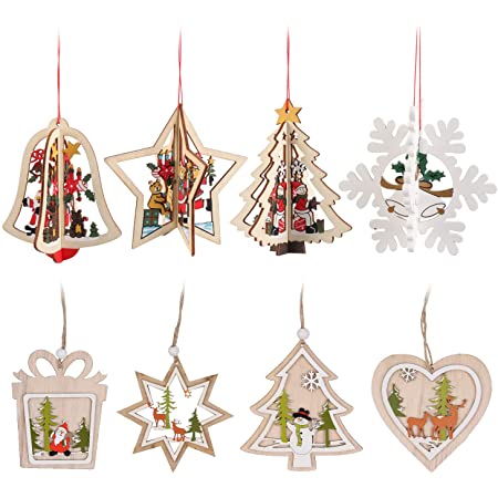 CODOHI クリスマスツリーオーナメント 木製 吊り ギフトタグ 立体 9個入り トナカイ サンタクロース クリスマスツリー飾り クリスマスデコレーション 吊り装飾用 9デザイン