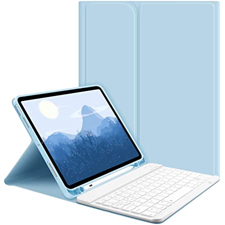 7色バックライト付き iPad Air4 iPad 10.9キーボードケース 3点セット ワイヤレスマウス付 脱着式 Bluetooth キーボード お洒落 第4世代 アイパッドエア4 10.9キーボードケース ペンシルホルダー付き アップルペンシル充電対応 軽量 薄型 おしゃれ 分離式 カワイイ 可愛い スタンド機能 (iPad Air4（2020）, 薄ブルー)