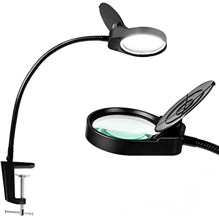 拡大鏡 スタンドルーペ クリップ式 倍率8倍 レンズ直径10.5CM LEDライト付き 360°角度調整可能 読書 新聞 地図 ジュエリー 手芸 虫眼鏡 USB給電 (ホワイト, L)