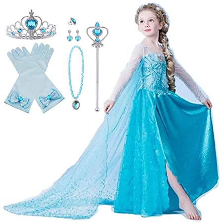 [MANAMANA] アナと雪の女王 エルサ 子供 ドレス プリンセスドレス ティアラ 雪の結晶 スティック グローブ 4点セットキッズコスチューム ブルー 女の子 100cm