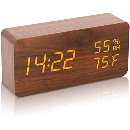 型 目覚まし時計 置き時計 木目 温度湿度計 カレンダー卓上時計 ベッドサイドクロック USB/電池給電 大音量 多機能 3段輝度調節 LED