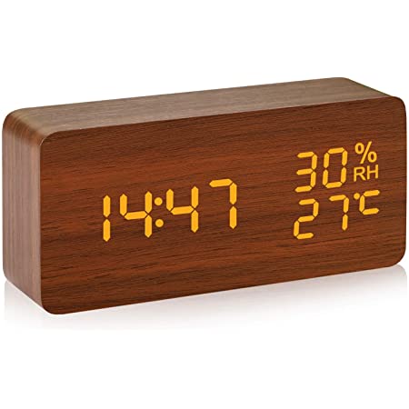 型 目覚まし時計 置き時計 木目 温度湿度計 カレンダー卓上時計 ベッドサイドクロック USB/電池給電 大音量 多機能 3段輝度調節 LED