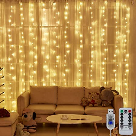 Nigaee LEDイルミネーションライト カーテンライト ストリングライト300球 3m*3m 暖色 リモコン付き 8種類照明モード 点滅 点灯 輝度調節可能 USB式 防水 防塵仕様 多機能 雰囲気作り 屋外 室内 ガーデンライト 正月 クリスマス 飾り 誕生日 パーティー