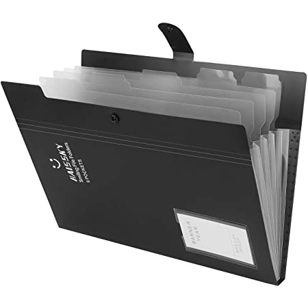 Guzack ファイルフォルダ A4用紙300枚入 – 6分類大容量 ドキュメントファイル a4 名刺挟付き – ファイルケース PP素材 スナップ式 書類入れ – 文房具 オフィス用品収納 持ち運び便利 黒