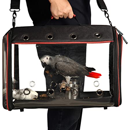 VEROMAN 鳥 インコ 移動用 バード キャリー バッグ 餌入れ付き 小さく収納 (グレー×レッド)