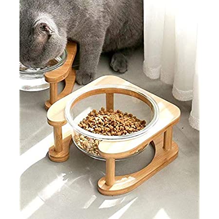 ペット食器 ボウル 皿 猫 犬 餌入れ 水入れ ガラス 木スタンド 食べやすい 負担軽減 丸洗い可能 手入れ簡単 (ボウル×1, Sサイズ)