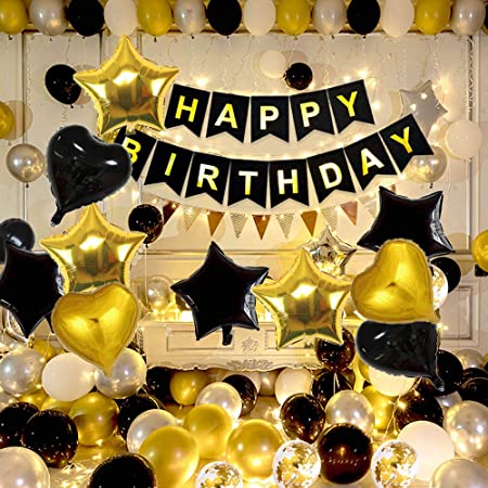 黒金のテーマの誕生日風船セット豪華ライトイルミネーションパーティ装飾用品光る　Happy Birthday パーティー装飾 バースデー飾り スターライト灯串　誕生日サプライズ 豪華で大容量 空気入れ付き　男子も女子も適用されます