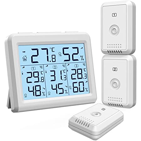 ORIA デジタル温湿度計 外気温度計 ワイヤレス 高精度 温度湿度計 室内 室外 三つセンサー LCD大画面 バックライト機能付き 置き掛け両用 温室 ペット 温度管理 健康管理 おしゃれ ホワイト