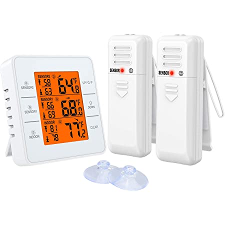 ORIA デジタル温湿度計 外気温度計 ワイヤレス 高精度 温度湿度計 室内 室外 三つセンサー LCD大画面 バックライト機能付き 置き掛け両用 温室 ペット 温度管理 健康管理 おしゃれ ホワイト