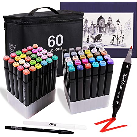 マーカーペン イラストマーカー 油性ペン 60色セット カラーペン アートマーカー 水彩ペン 2種類のペン先 防水速乾 コミック用 子供、学生、大人 収納ボックス
