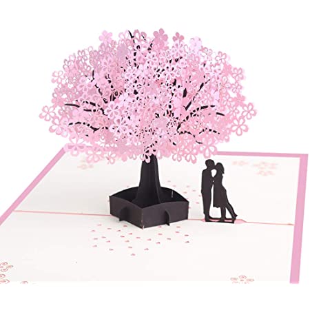 桜グリーティングカード、バレンタインデー 結婚式 3d 三次元 立体 桜 、バレンタインデーの贈り物、恋人、女性封筒付き ブルー