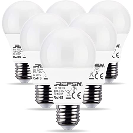 （レップセン）REPSN LED電球 9W電球 60W形相当 昼白色 3000K 口金直径26mm 照明ランプ 一般電球 E26 広配光タイプ 密閉器具対応 6個入り (9W, 昼白色)