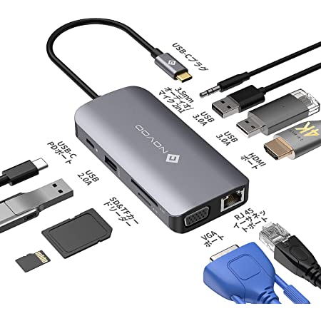 USB C ハブ 10 in 1 USB Type C ハブ NOVOO 100WPD出力対応 急速充電ドッキングステーショ 4K対応 ディスプレイ2台に出力 HDMI /VGA / USB 3.1ポート×3 /SD/マイクロSDカードリーダー /LAN インターネットポート1000Mbps /3.5mm ヘッドフォンジャック /USB C Power Delivery電源供給ポートMacBook Pro ハブアルミ製 Type C 変換アダプタ ウェブ会議用 在宅勤務 テレワーク MacBook（202