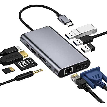 USB C ハブ 10 in 1 USB Type C ハブ NOVOO 100WPD出力対応 急速充電ドッキングステーショ 4K対応 ディスプレイ2台に出力 HDMI /VGA / USB 3.1ポート×3 /SD/マイクロSDカードリーダー /LAN インターネットポート1000Mbps /3.5mm ヘッドフォンジャック /USB C Power Delivery電源供給ポートMacBook Pro ハブアルミ製 Type C 変換アダプタ ウェブ会議用 在宅勤務 テレワーク MacBook（202