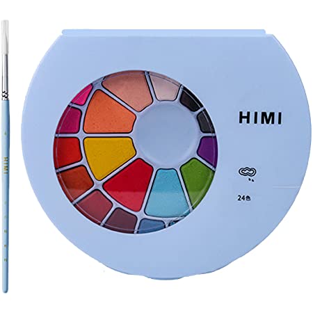 HIMI 固形水彩 24色セット 透明 水彩絵の具 ペイントブラシ1本付き 溶けやすい 易着色 速乾 子供 初心者 学習教材 学校教材 （ライトブルー）